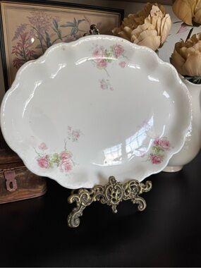 Vintage White Porcelain Serving Platter with Pink Rose Pattern